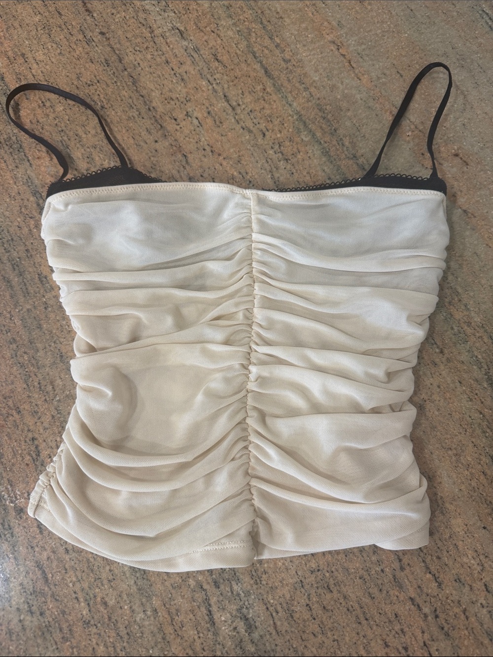 Women’s S | White Fox | Ruched Cream Cami Top with Black Straps